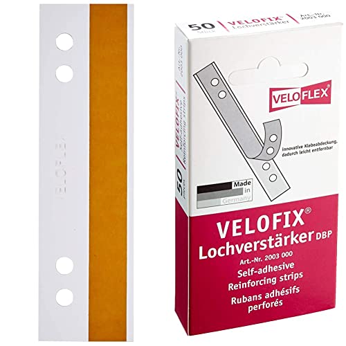 Veloflex 2002100 - HEFTFIX Heftstreifen aus selbstklebender Hartfolie, 105 mm lang, Lochabstand 60 und 80 mm, glasklar, 100er Packung & 2003000 - Velofix Lochverstärker (DBP) 105 x 15mm, 50er Packung von VELOFLEX