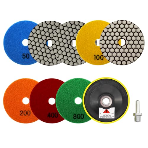 VENJELD Trockene Diamant Polierscheibe -8 Stücke Körnung 50x3/100x2/200/400/800 Polierpad 100mm mit M14 Gewinde Stützteller mit Adapter für Granit Marmor Kunststein Quarz für Winkelschleifer VENJELD Trockene Diamant Polierscheibe -8 Stücke Körnung 50x3/100x2/200/400/800 Polierpad 100mm mit M14 Gewinde Stützteller mit Adapter für Granit Marmor Kunststein Quarz für Winkelschleifer von VENJELD