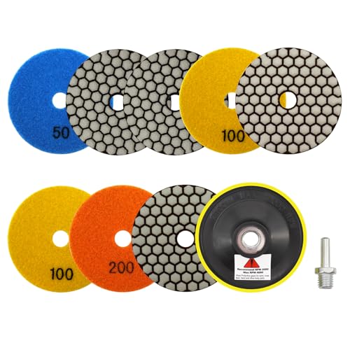 VENJELD Trockene Diamant Polierscheibe -8 Stücke Körnung 50x3/100x3/200x2 Polierpad 100mm mit M14 Gewinde Stützteller mit Adapter für Granit Marmor Kunststein Quarz für Winkelschleifer VENJELD Trockene Diamant Polierscheibe -8 Stücke Körnung 50x3/100x3/200x2 Polierpad 100mm mit M14 Gewinde Stützteller mit Adapter für Granit Marmor Kunststein Quarz für Winkelschleifer von VENJELD