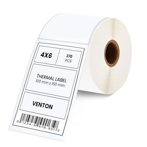 Venton 100 mm x 150 mm, 1 Rolle Pack Etikett x 370 St. Je Rolle = 370 Label, 1 Zoll Kern, Thermo Etiketten, Selbstklebend, Kompatibel für Etikettendrucker, Kompatibel mit Zebra, DHL-UPS-DPD von VENTON