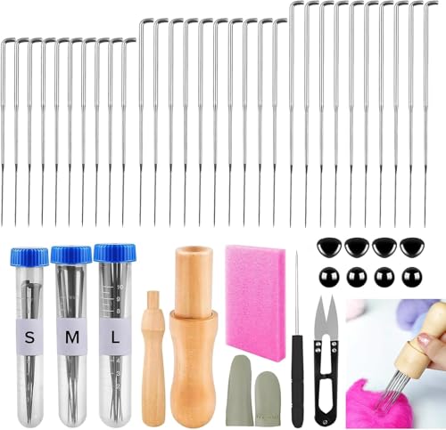 VEPEPE 67 Stk Filznadeln Set,Filzen Nadeln Set Anfänger 3 Größen,Einschließen Filzen Schaumstoff Unterlage,Holzgriff,Ahlen,Schere,Fingerlinge,Puppenaugen,Märchenwolle Filznadeln zum Trockenfilzen von VEPEPE