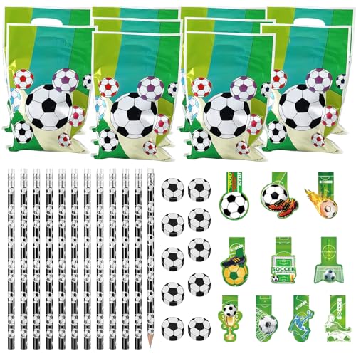 VEQENIFY 40 Stück Fussball Mitgebsel Jungen Set,10 Fußball Bleistifte 10 Fußball Radiergummi 10 Geschenktüten Fußball 10 Fußball Lesezeichen für Schule Schreibwaren Kindergeburtstag Gastgeschenke von VEQENIFY