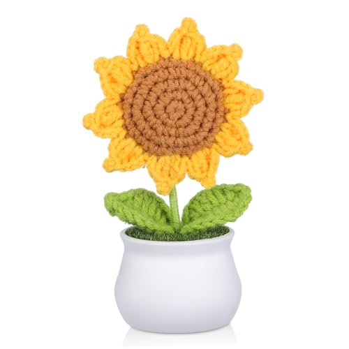 VERDANVERSE eingetopfte sonnenblume Bürodekor Blumen stricken gehäkelte Blumen Häkelblüten Sonnenblumen Topfpflanze Handgefertigte Dekoration gestrickte Sonnenblume Häkelblume im Topf Plastik von VERDANVERSE