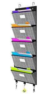 VERONLY Aktenordner für die Tür, Wandmontage, Aktenordner für Büro, Hängeregistraturordner mit Etiketten und Haken für Kartenpapier, Zeitschriften, Notizbücher, Planer, 5 große Taschen, Schwarz von VERONLY