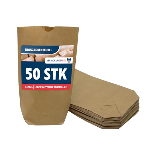Kraftpapiertüte braun 14x22 cm – 50 Stück | Natronpapier 70g/m² | Lebensmittelunbedenkliche Kreuzbodenbeutel | Papiertüten mit Bodenfalte | Frühstückstüten von VERPACKUNGSFUXX