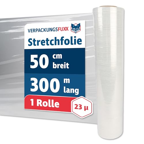 Strechfolienrolle transparent 1 Rolle | 300 m x 50 cm x 23 µ - Verpackungsfolie für Umzug, Lager & Versand | reißfest & dehnbar bis 150 % | leise abrollbar | VERPACKUNGSFUXX von VERPACKUNGSFUXX