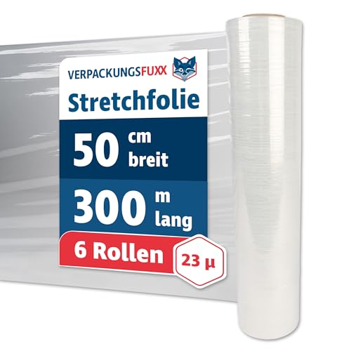 Strechfolienrolle transparent 6 Rollen | 300 m x 50 cm x 23 µ - Verpackungsfolie für Umzug, Lager & Versand | reißfest & dehnbar bis 150 % | leise abrollbar | VERPACKUNGSFUXX von VERPACKUNGSFUXX