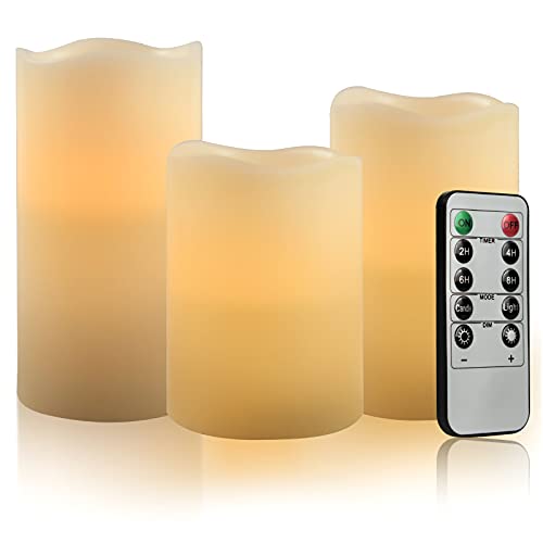 VETOUR Led Kerzen Flammenlose Set von 3 Elfenbein 10,2 cm, 12,7 cm, 15,2 cm, Echtwachs Stumpenkerze Fernbedienung mit 10 Tasten mit 24-Stunden-Zeitschaltuhr [Energieklasse E] von VETOUR