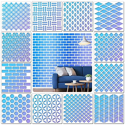 VETPW 12 Stück Geometrisch Stencil Schablonen Zeichnen, Kunststoff Wiederzuverwendend Zeichenschablonen Vorlagen Schablonen für Fliese, Fenster, Fußböden, Holz, Möbel, Wanddeko, 20x20CM von VETPW