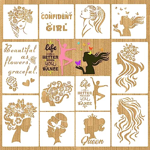 VETPW 12Pcs Frauen Schablonen Inspirierend Zitat Stencils Set, Wiederverwendbare Florale Weibliche Gesicht Design Handwerk Malerei Vorlage, Zeichnungsschablone für Wandmalerei Scrapbooking Home Dekor von VETPW