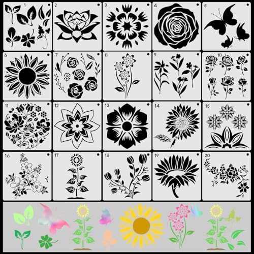 VETPW 20 Stück Blumen Stencil Schablonen Zeichnen, Kunststoff Wiederzuverwendend Zeichenschablonen Vorlagen Sonnenblumen Schablonen für Fußböden, Holz, Fenster, Möbel, Wanddeko, 15x15CM von VETPW