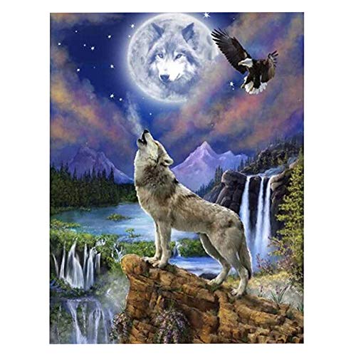 VETPW 5D DIY Wolf Diamant Malerei Set, Malen nach Zahlen, DIY Voller Diamond Art Painting Strass Stickerei Kreuzstich Kunst Handwerk Diamant für Home Wall Wanddekoration (30x40CM) - Wolf im Mondlicht von VETPW