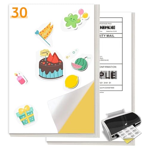 30 Blatt Etiketten Selbstklebend Bedruckbar Sticker Aufkleber A4 Klebepapier Etikettendrucker Bedruckbar für Bürobedarf Laser Tintenstrahldruck(297 x 210mm) von VEUWOLM