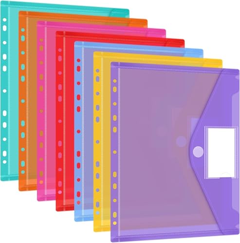35 Stück Dokumententasche A4, mit Druckknopf Etikettenkarte, 7 Farben A4 Dokumentenmappe, PVC Sammelmappen Mappen Tasche, mit 11 Binderlöcher, Durchscheinend Abdeckung, für Papier, Datei, Dokumente von VEUWOLM