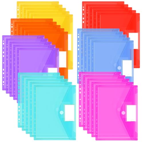 35 Stück Dokumententasche A4, mit Druckknopf Etikettenkarte, 7 Farben A4 Dokumentenmappe, PVC Sammelmappen Mappen Tasche, mit 11 Binderlöcher, Durchscheinend Abdeckung, für Papier, Datei, Dokumente von VEUWOLM