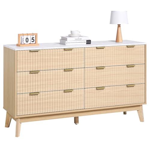 VEVOR Kommode mit 6 geriffelten Schubladen & Schiebe- und Kippschutz, minimalistischer moderner Schubladenschrank (399 x 1372 x 813 mm) Organizer für Wohnzimmer Schlafzimmer Flur (helles Holz) von VEVOR