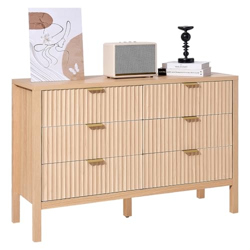VEVOR Kommode mit 6 geriffelten Schubladen & Schiebe- und Kippschutz, minimalistischer moderner Schubladenschrank Organizer für Wohnzimmer Schlafzimmer Eingangsbereich Flur (helles Holz) von VEVOR