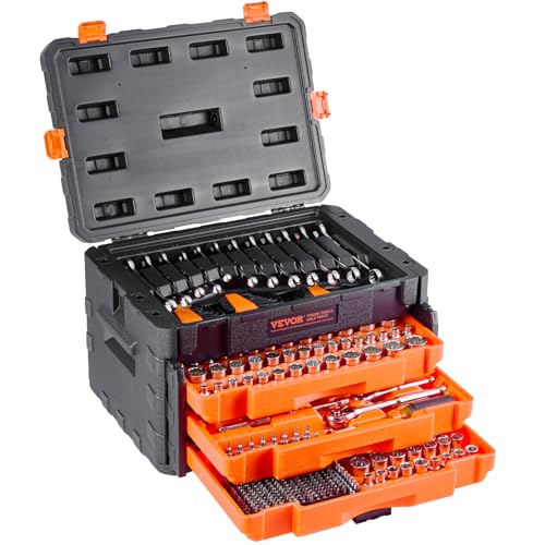 VEVOR Mechaniker-Werkzeugsatz Steckschlüsselsatz (450-tlg.) 6,4/9,5/12,7-mm-Antrieb, tiefe und Standard-Stecknüsse, SAE-metrisches Mechaniker-Werkzeugset mit Schraubenschlüsseln & Koffer von VEVOR