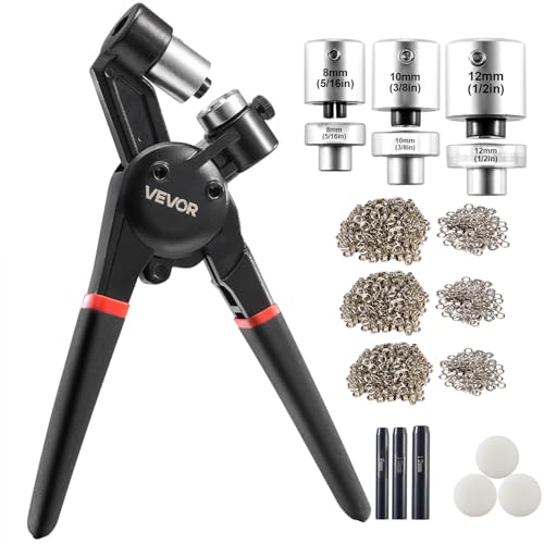 VEVOR Ösen Werkzeugset 900 Stk. 8/10 / 12 mm Metallösen, Ösenset mit manueller Ösenpresse & Locher & Block, Lochstanze Lochzange Locher für Leder Plane Schuhe Basteln Stoff Gürtel von VEVOR