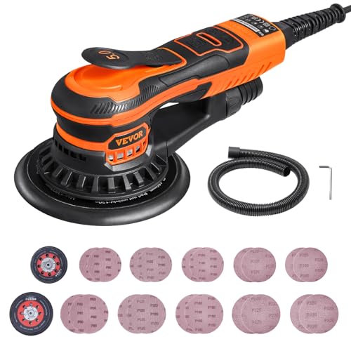VEVOR Schleifmaschine, 127 & 152 mm bürstenloser elektrischer Exzenterschleifer, 350 W, 6 Gang Schleifgerät, 20 Schleifpapiere, staubdichter Anschluss, Schlauch, zum Holzschleifen von VEVOR
