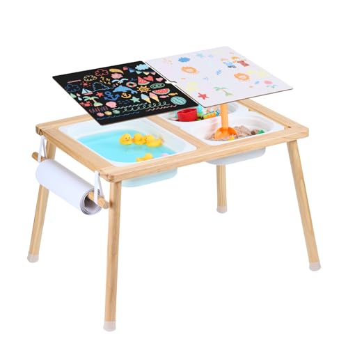 VEVOR Sensorischer Tisch Aktivitätstisch für Kinder mit 3 faltbaren Aufbewahrungsbehältern & Papierrollenhalter, Sand- und Wassertisch sensorischer Zeichentisch aus Holz, Geschenke für Kinder von VEVOR