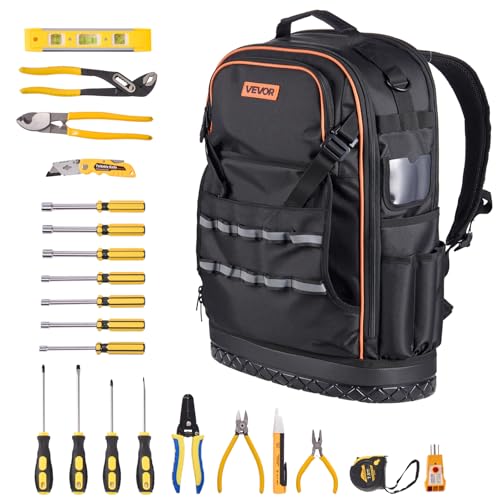 VEVOR Werkzeugrucksack mit 65 Taschen, Backpack inkl. 21-teiliges Werkzeugset, Werkzeugtasche mit Laptopfach, für Elektriker, Reparaturtechniker und Heizungs-, Lüftungs- und Klimatechniker von VEVOR