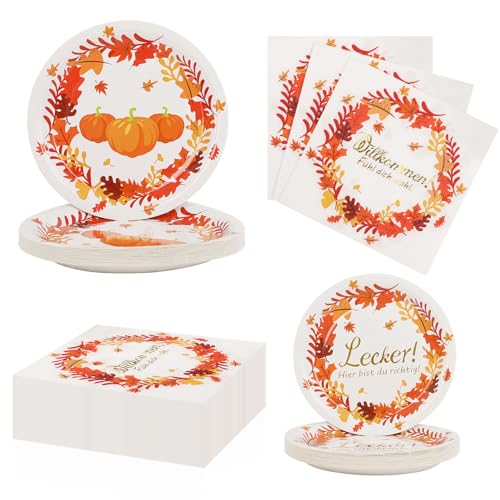 VEYLIN 96 Stück Herbst Geschirr Set für Thanksgiving – Pappteller & Servietten mit Kürbis und Ahornblättern – Partygeschirr für Herbstfeste, Familienfeiern & Geburtstage VEYLIN 96 Stück Herbst Geschirr Set für Thanksgiving – Pappteller & Servietten mit Kürbis und Ahornblättern – Partygeschirr für Herbstfeste, Familienfeiern & Geburtstage von VEYLIN