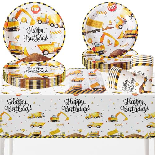VEghee Tractor Party Construction Site, 51 Pieces Kids Birthday Party Set, Birthday Paper Cup, Paper Plate, Napkins 10 Guests Birthday Party Decoration von VEghee