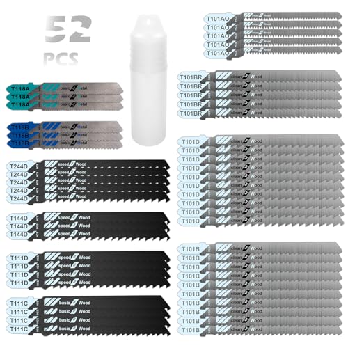 VFANDV 52 Tlg Stichsägeblätter Set Stichsägen-Zubehör, T-Schaft Einnocken-Schaft Stichsägeblatt Set, T118A/T118B/T101AO/T111D/T244D/T111C/T101B/ T101D/T101BR mit Kunststoff-Box, für Holz, Kunststoff von VFANDV
