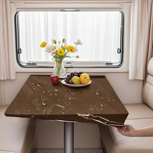 VFGFDJNDFX Set 2 rutschfest Spanntischdecke Für Wohnwagen Wohnmobil - 1 Samt Tischdecken Abwaschbar + 1 PVC Durchsichtige Tischdecke Outdoor Wetterfest (Karamell,183 * 183cm(rund)) von VFGFDJNDFX
