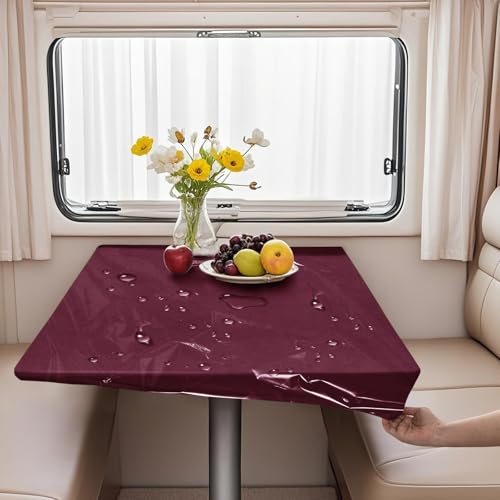 VFGFDJNDFX Set 2 rutschfest Spanntischdecke Für Wohnwagen Wohnmobil - 1 Samt Tischdecken Abwaschbar + 1 PVC Durchsichtige Tischdecke Outdoor Wetterfest (Weinrot,152 * 152cm(rund)) von VFGFDJNDFX