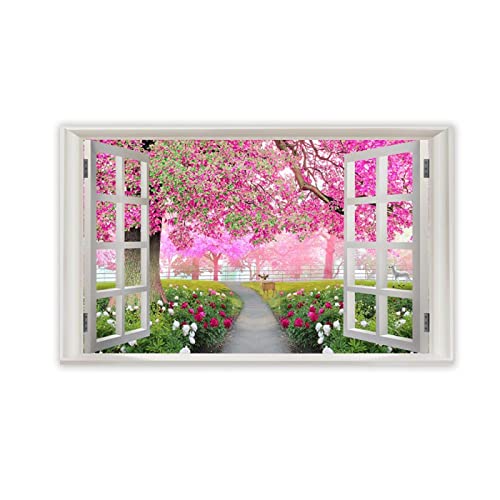 VFUNZA Leinwand Bilder 3D Fensterblick-Blumen-Rosa-Baum-Blätter-Rotwild-Natur Bild Druck auf Leinwand-Landschaftsbilder auf Leinwand-Wohnzimmer Poster und Drucke 60x96cm23.6x37.8in Ungerahmt von VFUNZA