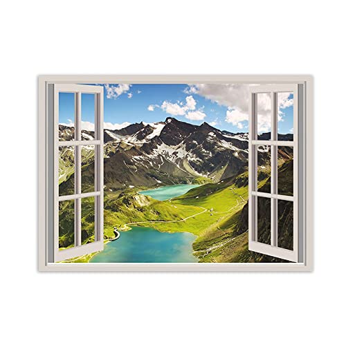 VFUNZA Leinwand Bilder 3D Fensterblick-Schneeberg-Grasland-See-Natur Bild Druck auf Leinwand-Landschaftsbilder auf Leinwand-Wohnzimmer Poster und Drucke 60x85cm23.6x33in Ungerahmt von VFUNZA