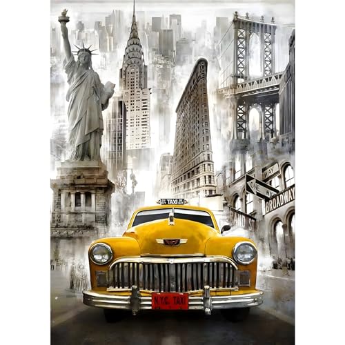 VGJM 5D Diamond Painting Kits for Adults, New York Street Vintage Car Diamond Art Kits Full Drill Diamond Painting Kit for Beginners, DIY Crystal Picture Art for Home Wall Decor 30x40cm von VGJM