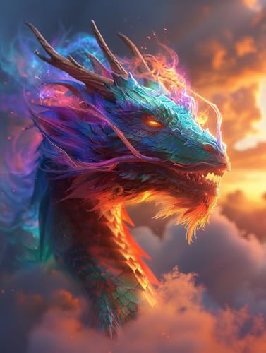 VGJM Dragon DIY 5D Diamond Art, Sunset Diamond Painting Kits, circle Full Drill Crystal Art Kits for Adults Beginners, DIY Cross Stitch Embroidery Crafts Pictures, for Home Wall Decor, 40x50cm von VGJM