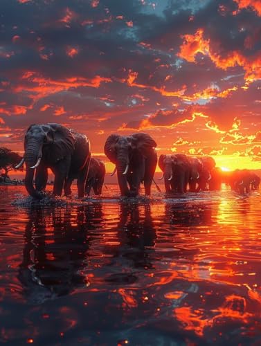 VGJM Elephant Diamond Art Kits Adults, Sunset 5D Diamond Painting for Beginners, DIY circle Full Drill Crystal Art Kits, Crystal Cross Stitch Embroidery Crafts, for Home Wall Decor, Gifts I-40x40cm von VGJM