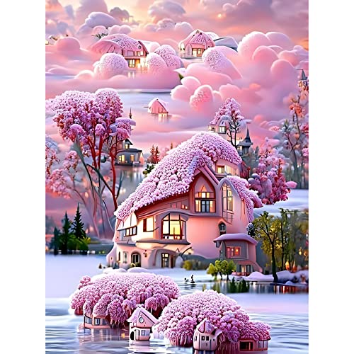 VGJM House Diamond Painting Kits, 5D Diamond Arts Painting Kits for Adults, DIY Full Drill Diamond Painting Pictures Cross Stitch Arts Crafts for Home Wall Decor Pink House in The Lake 40x40cm von VGJM