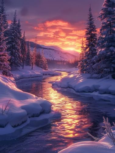 VGJM Sunset Diamond Art Kits Adults, Snow Scene 5D Diamond Painting for Beginners, DIY circle Full Drill Crystal Art Kits, Crystal Cross Stitch Embroidery Crafts, for Home Wall Decor, Gifts -40x50cm von VGJM