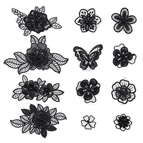 VGOL 12 Stück Schwarze Blumen-Patches Perlenblumen Perlenstickerei-Patches Dekorative Applikation für DIY-Kleidungszubehör von VGOL