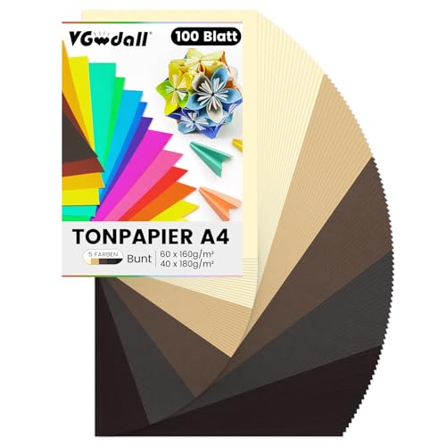 VGOODALL 100 Blatt Tonkarton, A4 Verschiedene Brauntöne Tonpapier Bastelkarton 21 x 29,7cm Kopierpapier 5 Erdtöne für DIY Kunst Handwerk Drucken Skizzieren von VGOODALL