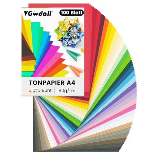 VGOODALL 100 Blatt Tonpapier A4, Farbigen Kopierpapier 30 Farben Bastelkarton TonPapier 21 x 29,7cm für DIY Kunst Handwerk Drucken Skizzieren von VGOODALL