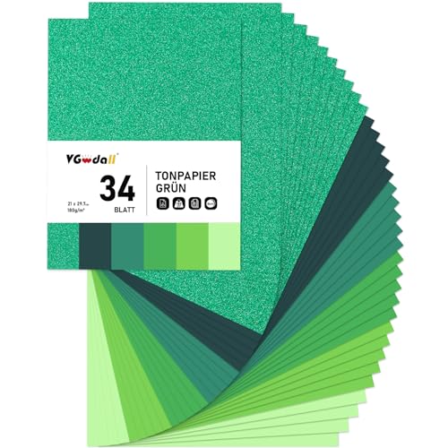 VGOODALL 29 Blatt Tonpapier Grün 180g/m² und 5 Blatt Glitzerpapier Grün 300g/m² DIN A4 für DIY Bastelarbeiten & Drucken von VGOODALL