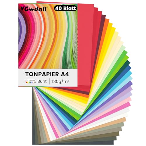 VGOODALL 40 Stück Tonpapier Bunt, Bastelpappe in Bunt Papier Bastelpapier 180 g/m² Druckerpapier Premium Tonzeichenpapier Craft Paper zum Basteln Drucken von VGOODALL