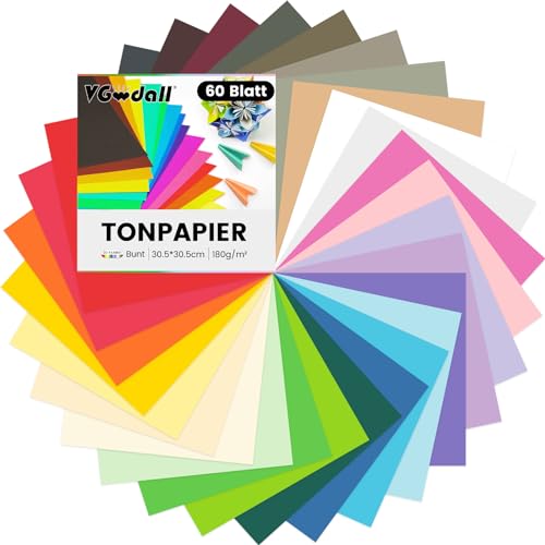 VGOODALL 60 Blatt Tonpapier, Farbigen Kopierpapier 30 Farben Bastelkarton TonPapier 30,5 x 30,5cm für DIY Kunst Handwerk Drucken Skizzieren von VGOODALL
