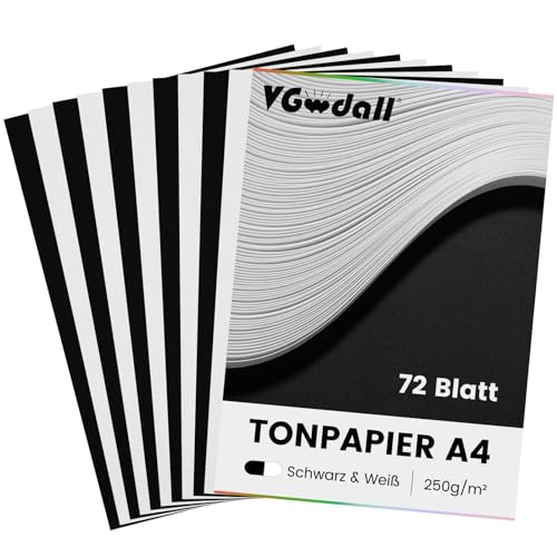VGOODALL 72 Blatt Tonpapier A4 250 g/m², 36 Blatt Weiß und 36 Blatt Schwarzes Papier Fotokarton für Scrapbooking, Gestalten von Karten, Basteln von VGOODALL