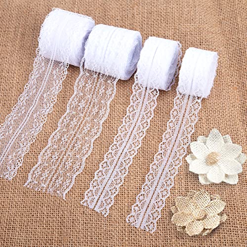 VGOODALL Spitzenband Set, 40m Weiße Spitze (4 Rollen) + 2 Spitzenblumen, Ideal für Hochzeitsdeko, Basteln & DIY-Projekte von VGOODALL