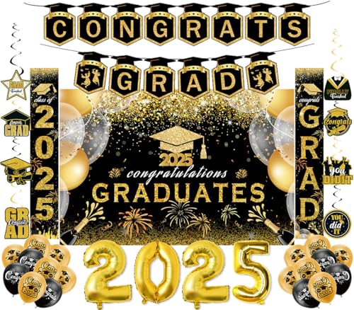 Graduation Party Dekorationen 2025 - Schwarz & Gold Graduation Decor Kit mit "Congrats Grad" Banner, Klasse 2025 Hintergrund, Luftballons, hängende Wirbel - Perfekt für High School & College Feiern Graduation Party Dekorationen 2025 - Schwarz & Gold Graduation Decor Kit mit "Congrats Grad" Banner, Klasse 2025 Hintergrund, Luftballons, hängende Wirbel - Perfekt für High School & College Feiern von VIBNRIX