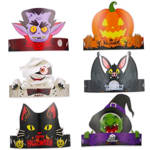 VICASKY 24 Stk. Teiliges Halloween Papierhüte mit Kürbis Hexe Fledermaus Katze Motiven Leichte Wiederverwendbare Party Kopfbedeckungen für Erwachsene für Halloween und Kostümpartys von VICASKY