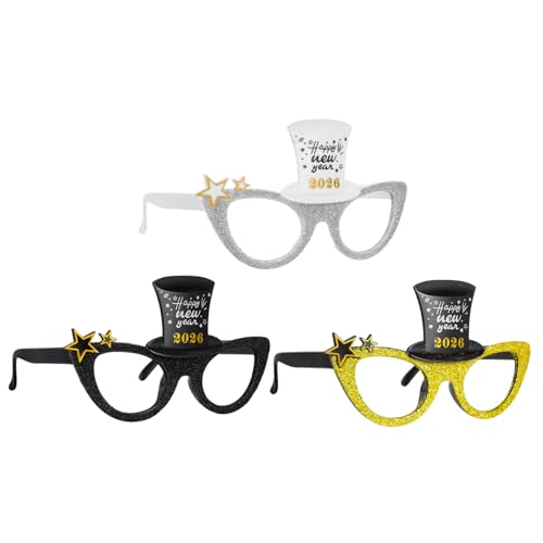 VICASKY 3 Stück 2026 Brillen Glitzer Silvester Requisiten Neujahrsparty Zubehör Happy Year Brillen Silvesterparty Zubehör Silvesterbrille Frohes Neues Jahr Requisiten von VICASKY