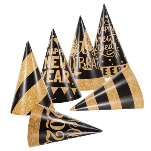 VICASKY 6 Stück Schwarzgoldene Year Partyhüte Teiliges mit Elastischem Band für Geburtstags und Silvesterfeiern Papierkegel Hüte für Festliche Kostümpartys von VICASKY